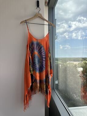 The Little Bazaar Hippie Bohemian Tie Dye Vibrant Orange Swirl Sundress Pancho